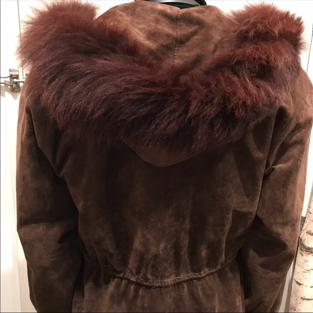 Genuine Leather Fox Fur Parka Hooded Suede Coat XS - Picture 2 of 4